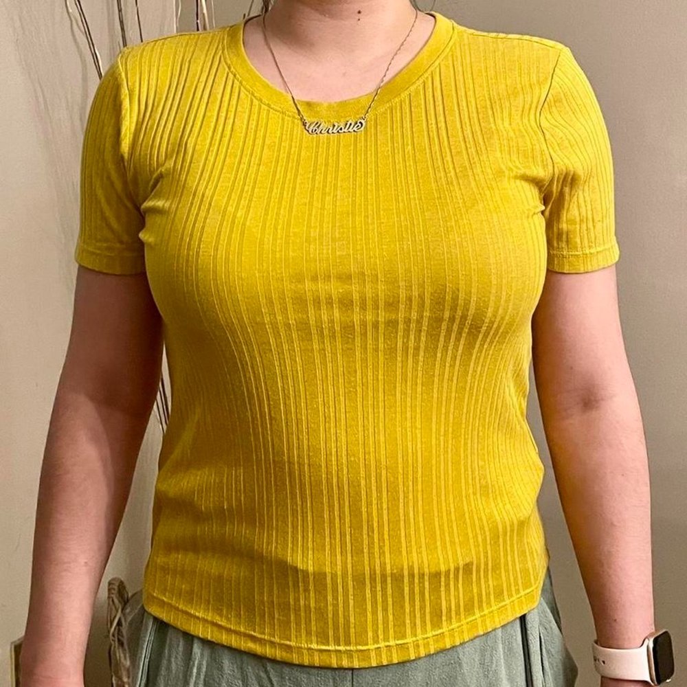 Golden Yellow Ribbed Fitted Short Sleeve Crew Neck Stretch Knit Tee